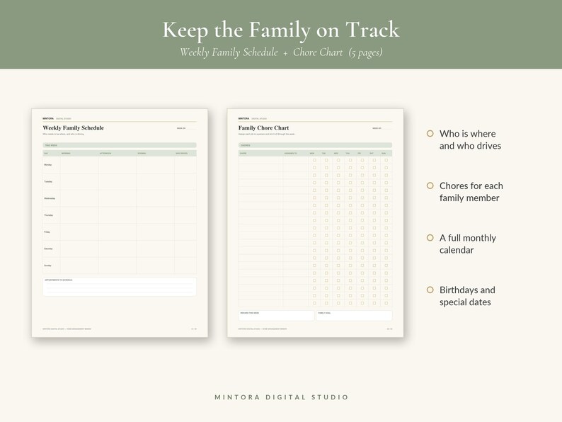 May include: A digital planner set titled Keep the Family on Track, featuring a Weekly Family Schedule and a Family Chore Chart. The pages include columns for days of the week, tasks, and family members, with a light green and cream color scheme.