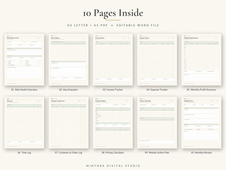 May include: A set of ten printable business planner pages featuring a light cream background with sage green accents. The text includes 10 Pages Inside, US Letter + A4 PDF, Editable Word File, and titles for each page like Side Hustle Overview.