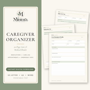 Puede incluir: Un organizador digital para cuidadores de 20 p&aacute;ginas con el logotipo de Mintora Digital Studio, perfil del receptor de cuidados, lista de medicamentos y registro diario. Documentos PDF imprimibles en formatos A4 y US Letter.