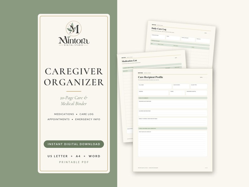 Puede incluir: Un organizador digital para cuidadores de 20 p&aacute;ginas con el logotipo de Mintora Digital Studio, perfil del receptor de cuidados, lista de medicamentos y registro diario. Documentos PDF imprimibles en formatos A4 y US Letter.