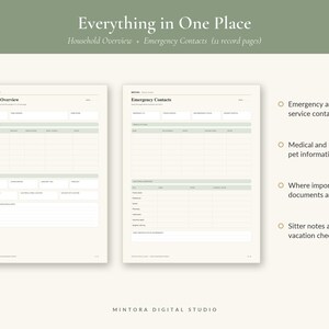 May include: A digital planner set titled Everything in One Place, Household Overview + Emergency Contacts, featuring 11 record pages. The layout includes sections for emergency contacts, medical and pet information, document storage, and sitter notes.