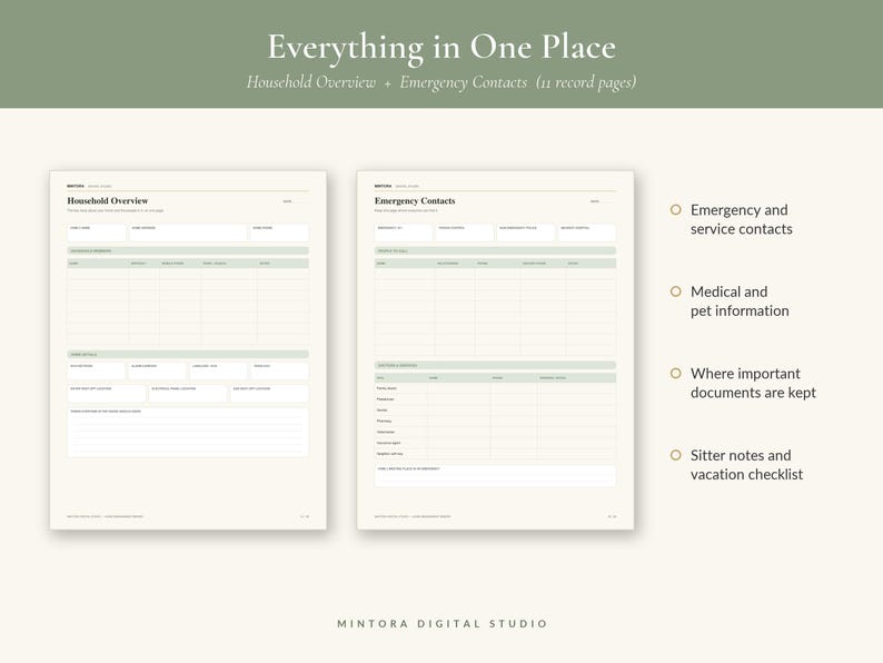 May include: A digital planner set titled Everything in One Place, Household Overview + Emergency Contacts, featuring 11 record pages. The layout includes sections for emergency contacts, medical and pet information, document storage, and sitter notes.