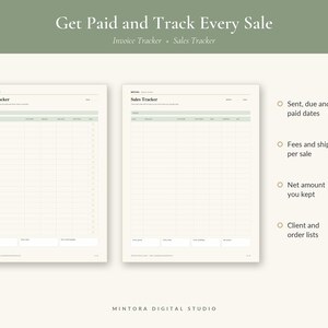 May include: Two digital tracking sheets titled Invoice Tracker and Sales Tracker on a cream background. The forms feature columns for dates, client names, fees, shipping, and net amounts. Text includes Get Paid and Track Every Sale, Mintora Digital Studio, and lists of tracking categories like sent, due, and paid dates.