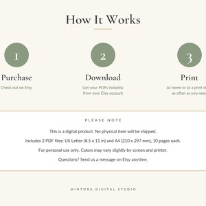 May include: An instructional graphic titled How It Works with three green circles numbered 1, 2, and 3. The steps are Purchase, Download, and Print. A box below notes this is a digital product with 2 PDF files: US Letter (8.5 x 11 in) and A4 (210 x 297 mm).