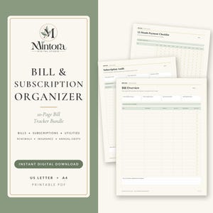 May include: A digital bill and subscription organizer bundle featuring a 10-page printable PDF set. The document includes a bill overview, subscription audit, and 12-month payment checklist with sage green accents on a cream background.