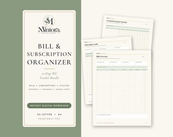 May include: A digital bill and subscription organiser bundle featuring a 10-page printable PDF set. The document includes a bill overview, subscription audit, and 12-month payment checklist with sage green accents on a cream background.