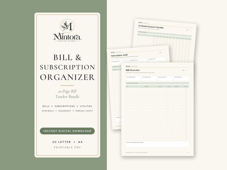 May include: A digital bill and subscription organizer bundle featuring a 10-page printable PDF set. The document includes a bill overview, subscription audit, and 12-month payment checklist with sage green accents on a cream background.