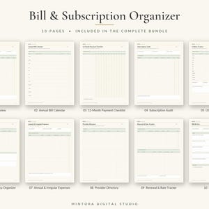 K&ouml;nnte beinhalten: Ein zehnseitiges Rechnungs- und Abonnement-Organizer-Set mit hellgr&uuml;nen und cremefarbenen Vorlagen. Die Seiten umfassen Bill Overview, Annual Bill Calendar, 12-Month Payment Checklist, Subscription Audit, Utilities Tracker, Insurance & Policy Organizer, Annual & Irregular Expenses, Provider Directory, Renewal & Rate Tracker und Bill Review.