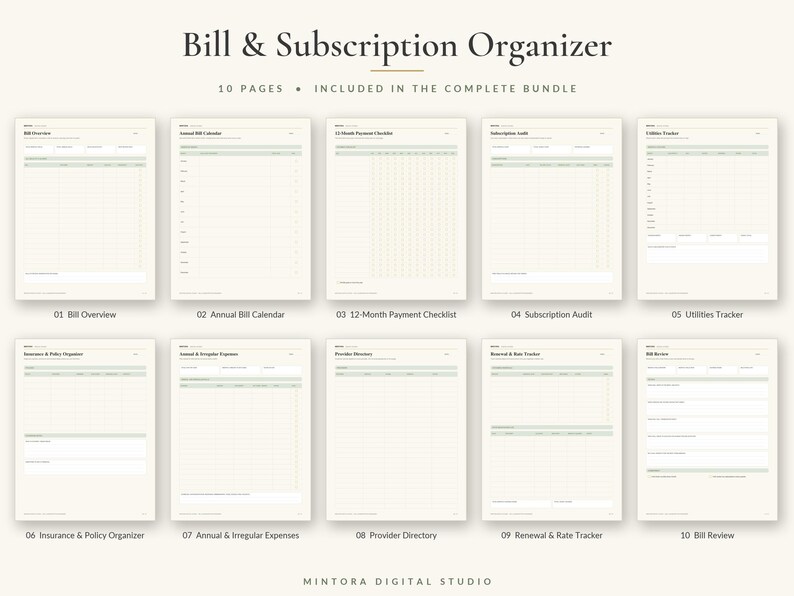 K&ouml;nnte beinhalten: Ein zehnseitiges Rechnungs- und Abonnement-Organizer-Set mit hellgr&uuml;nen und cremefarbenen Vorlagen. Die Seiten umfassen Bill Overview, Annual Bill Calendar, 12-Month Payment Checklist, Subscription Audit, Utilities Tracker, Insurance & Policy Organizer, Annual & Irregular Expenses, Provider Directory, Renewal & Rate Tracker und Bill Review.