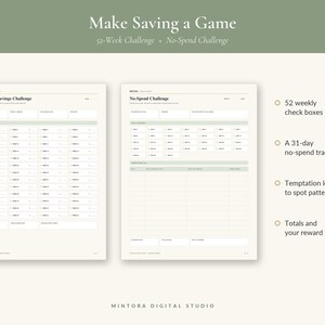 May include: Two off-white financial planning sheets with sage green accents. The left sheet is titled 52-Week Savings Challenge with 52 check boxes. The right sheet is titled No-Spend Challenge with a 31-day tracker, a temptation log, and reward sections.