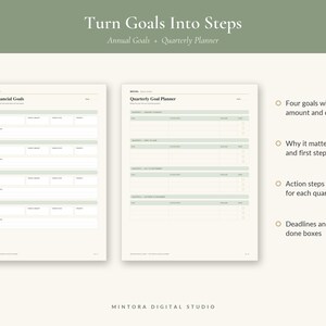 May include: A two-page planner layout titled Turn Goals Into Steps, Annual Goals + Quarterly Planner. The left page features Annual Financial Goals, while the right page shows a Quarterly Goal Planner with sections for goals, steps, and deadlines.