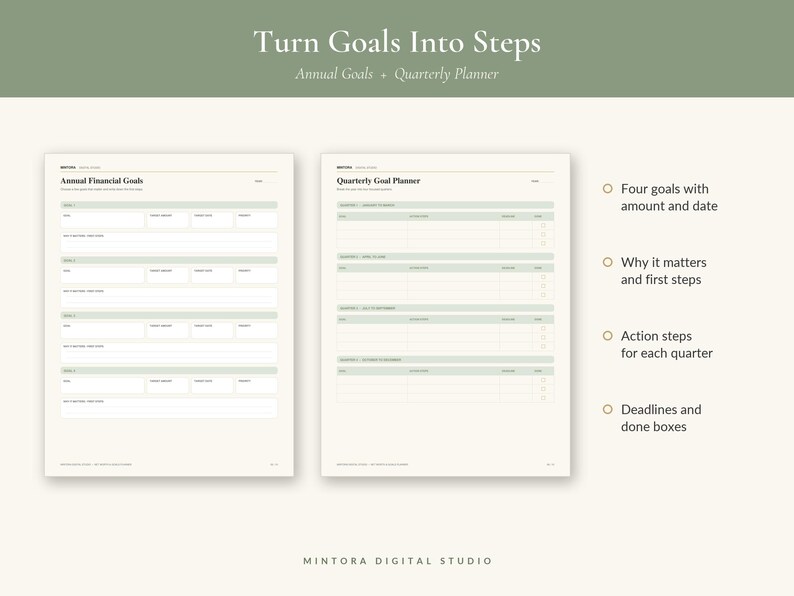 May include: A two-page planner layout titled Turn Goals Into Steps, Annual Goals + Quarterly Planner. The left page features Annual Financial Goals, while the right page shows a Quarterly Goal Planner with sections for goals, steps, and deadlines.