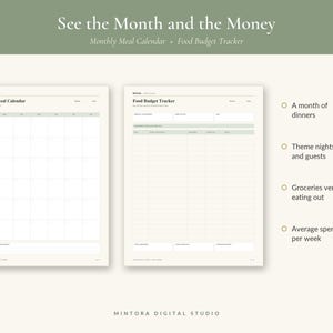 May include: A digital planner set featuring a Monthly Meal Calendar and a Food Budget Tracker with a cream background and sage green accents. The text reads See the Month and the Money, Monthly Meal Calendar, Food Budget Tracker, and Mintora Digital Studio, alongside bullet points detailing features like a month of dinners, theme nights, and budget tracking.