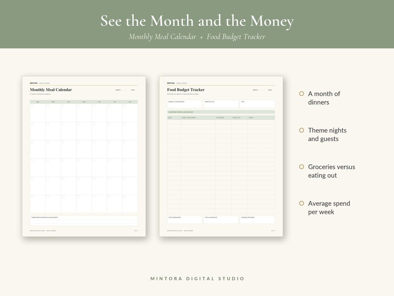 May include: A digital planner set featuring a Monthly Meal Calendar and a Food Budget Tracker with a cream background and sage green accents. The text reads See the Month and the Money, Monthly Meal Calendar, Food Budget Tracker, and Mintora Digital Studio, alongside bullet points detailing features like a month of dinners, theme nights, and budget tracking.