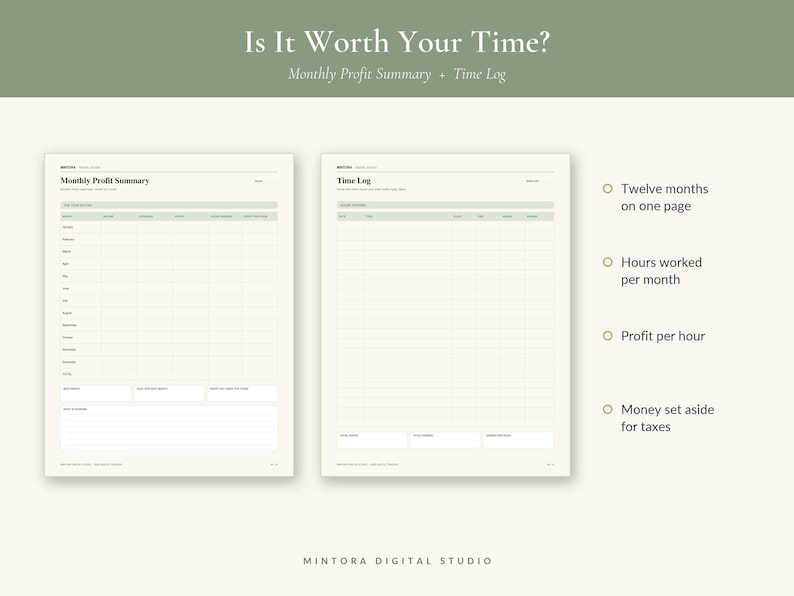May include: A two-page printable planner set titled Is It Worth Your Time? featuring a Monthly Profit Summary and a Time Log. The pages include columns for tracking hours worked, profit per hour, and tax savings across twelve months on one page.