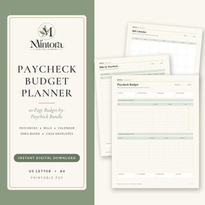 May include: A 10-page digital paycheck budget planner bundle in PDF format. The document features a cream background with sage green accents, including sections for bills, a calendar, and budget tracking, labeled US Letter and A4 size.