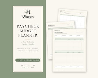 May include: A 10-page digital paycheck budget planner bundle in PDF format. The document features a cream background with sage green accents, including sections for bills, a calendar, and budget tracking, labelled US Letter and A4 size.