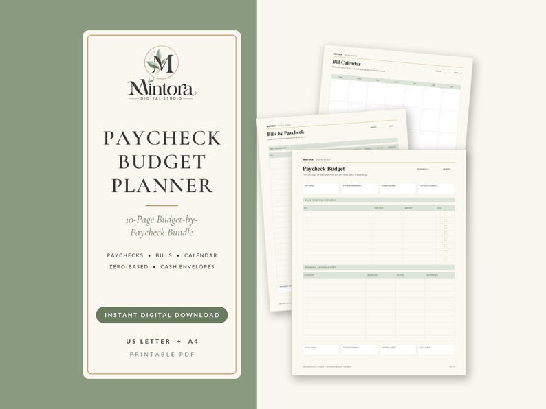 May include: A 10-page digital paycheck budget planner bundle in PDF format. The document features a cream background with sage green accents, including sections for bills, a calendar, and budget tracking, labeled US Letter and A4 size.