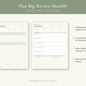 May include: Two off-white planner pages titled Big Purchase Planner and Savings Review with sage green accents. The text includes Plan Big, Review Monthly, Big Purchase Planner + Savings Review, and Mintora Digital Studio. Features include columns for price comparisons, saving plans, and monthly reviews.