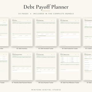 K&ouml;nnte beinhalten: Ein Schuldenabbau-Planer mit 10 Seiten und hellgr&uuml;nen Akzenten. Die Seiten umfassen Debt Overview, Debt Inventory, Debt Snowball Tracker, Debt Avalanche Tracker, Credit Card Payoff Tracker, Loan Payoff Tracker, Monthly Debt Payment Planner, Extra Payment Tracker, Debt-Free Milestone Tracker und Debt Progress Review.