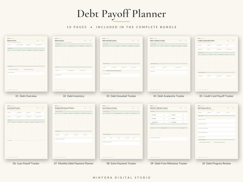 K&ouml;nnte beinhalten: Ein Schuldenabbau-Planer mit 10 Seiten und hellgr&uuml;nen Akzenten. Die Seiten umfassen Debt Overview, Debt Inventory, Debt Snowball Tracker, Debt Avalanche Tracker, Credit Card Payoff Tracker, Loan Payoff Tracker, Monthly Debt Payment Planner, Extra Payment Tracker, Debt-Free Milestone Tracker und Debt Progress Review.