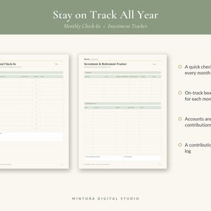 May include: Two digital planner pages titled Monthly Goal Check-In and Investment & Retirement Tracker. The pages feature tables for tracking monthly goals, accounts, and contributions, with text including Stay on Track All Year and Mintora Digital Studio.