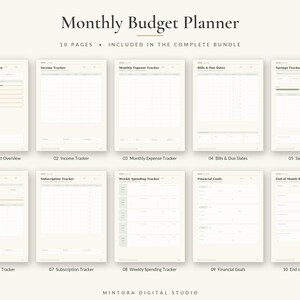 K&ouml;nnte beinhalten: Ein digitales monatliches Budgetplaner-Set mit 10 Seiten, das den Text Monthly Budget Planner, 10 Pages Included in the Complete Bundle und Mintora Digital Studio enth&auml;lt. Die Seiten umfassen Tracker f&uuml;r Einnahmen, Ausgaben, Rechnungen und Ziele.