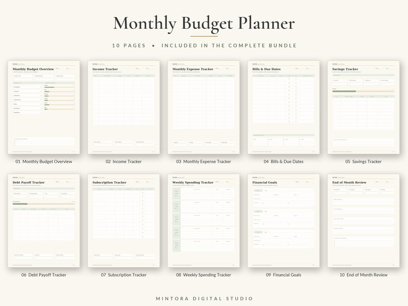 K&ouml;nnte beinhalten: Ein digitales monatliches Budgetplaner-Set mit 10 Seiten, das den Text Monthly Budget Planner, 10 Pages Included in the Complete Bundle und Mintora Digital Studio enth&auml;lt. Die Seiten umfassen Tracker f&uuml;r Einnahmen, Ausgaben, Rechnungen und Ziele.