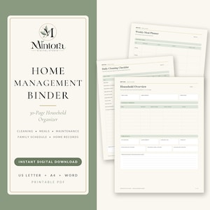 May include: A home management binder digital download featuring a cover page with the text Home Management Binder and 30-Page Household Organizer, alongside three printable planner sheets including a Household Overview and Weekly Meal Planner.