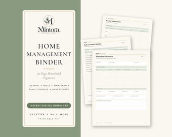 May include: A home management binder digital download featuring a cover page with the text Home Management Binder and 30-Page Household Organizer, alongside three printable planner sheets including a Household Overview and Weekly Meal Planner.