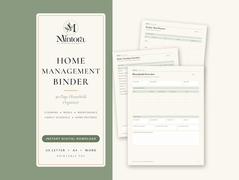 May include: A home management binder digital download featuring a cover page with the text Home Management Binder and 30-Page Household Organizer, alongside three printable planner sheets including a Household Overview and Weekly Meal Planner.