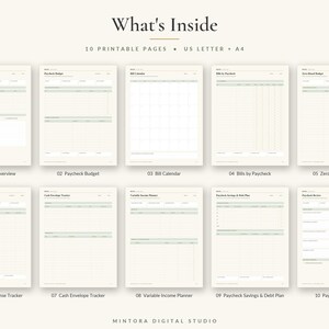 May include: A set of 10 printable financial planning pages with the text What's Inside, 10 PRINTABLE PAGES, US LETTER + A4, and titles including Paycheck Overview, Paycheck Budget, Bill Calendar, Bills by Paycheck, Zero-Based Budget, and Paycheck Review.