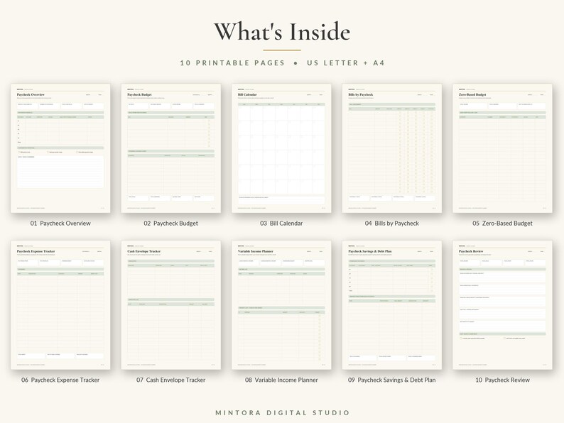 May include: A set of 10 printable financial planning pages with the text What's Inside, 10 PRINTABLE PAGES, US LETTER + A4, and titles including Paycheck Overview, Paycheck Budget, Bill Calendar, Bills by Paycheck, Zero-Based Budget, and Paycheck Review.