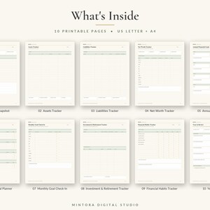 May include: A set of 10 printable financial planner pages in US Letter and A4 sizes. The pages feature a light beige background with sage green headers and include trackers for assets, liabilities, net worth, goals, and annual financial reviews.