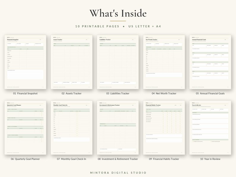 May include: A set of 10 printable financial planner pages in US Letter and A4 sizes. The pages feature a light beige background with sage green headers and include trackers for assets, liabilities, net worth, goals, and annual financial reviews.