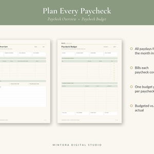 May include: A digital planner template featuring two pages titled Paycheck Overview and Paycheck Budget. The layout uses a sage green and cream color scheme with structured tables for tracking income, expenses, and bills. Text includes Plan Every Paycheck.