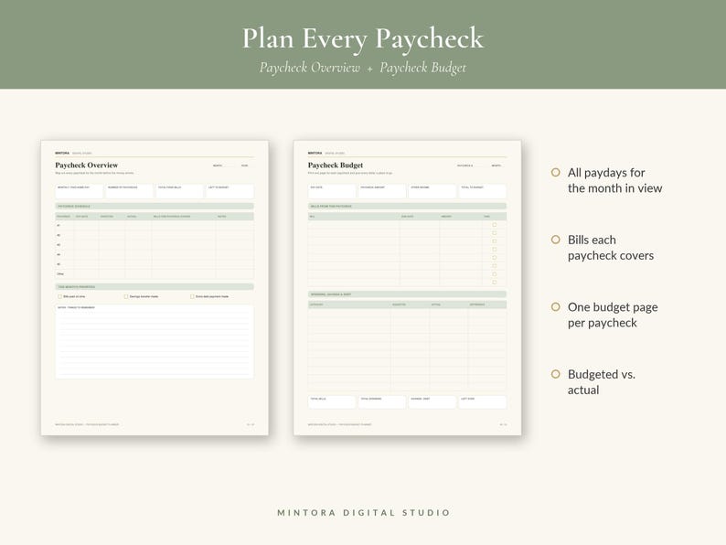 May include: A digital planner template featuring two pages titled Paycheck Overview and Paycheck Budget. The layout uses a sage green and cream color scheme with structured tables for tracking income, expenses, and bills. Text includes Plan Every Paycheck.