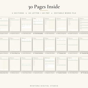 May include: A digital home management planner set containing 30 pages across 6 sections. The document includes US letter and A4 PDF formats, plus an editable Word file. The pages feature organized templates for household tasks, schedules, and lists.