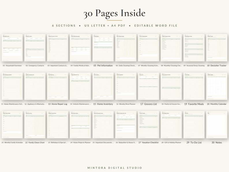May include: A digital home management planner set containing 30 pages across 6 sections. The document includes US letter and A4 PDF formats, plus an editable Word file. The pages feature organized templates for household tasks, schedules, and lists.