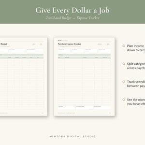 May include: A digital budget planner template featuring two pages titled Zero-Based Budget and Paycheck Expense Tracker. The layout includes columns for categories, planned amounts, and actual spending, with text prompts for income and expense tracking.