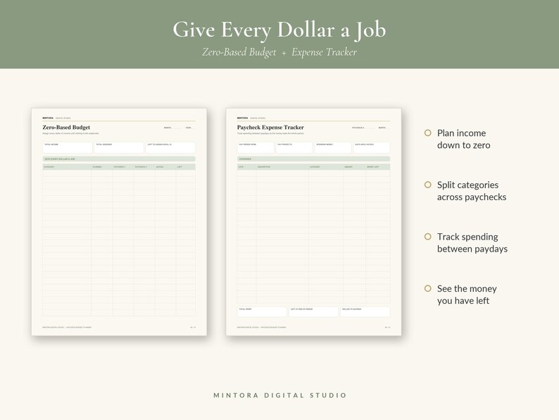 May include: A digital budget planner template featuring two pages titled Zero-Based Budget and Paycheck Expense Tracker. The layout includes columns for categories, planned amounts, and actual spending, with text prompts for income and expense tracking.