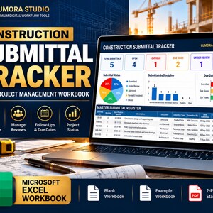 May include: A digital construction submittal tracker Excel project management workbook displayed on a laptop screen. The interface features a dashboard with charts, status counts, and a master submittal register. A yellow hard hat and pen are visible.