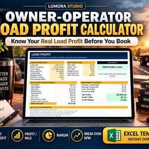 May include: A digital owner-operator load profit calculator displayed on a laptop screen, featuring columns for load information, trip costs, and profitability outputs. The spreadsheet includes data fields for revenue, fuel costs, and net profit calculations.