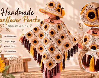 Handgemaakte gehaakte zonnebloemponcho | Comfortabele katoenen poncho voor meisjes