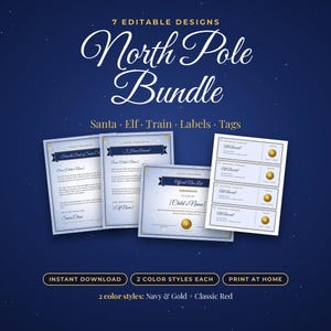 Puede incluir: Un paquete digital North Pole Bundle con 7 diseños editables que incluyen cartas de Santa, notas de elfo, boletos de tren, etiquetas y tags. Los documentos son azul marino y oro sobre un fondo azul oscuro con estrellas.