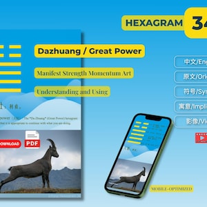 Può includere: Un grafico digitale che mostra l'Esagramma 34, Dazhuang, Great Power, con linee gialle, un'illustrazione di capra e un pulsante di download PDF. Uno smartphone mostra lo stesso contenuto con pulsanti per English, Original, Symbol, Implication e Video.