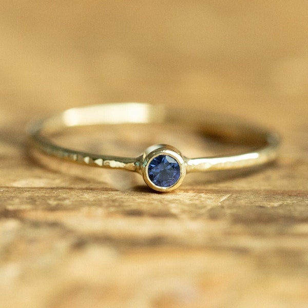14K Gold Sapphire Ring, Hammered Stacking Band, September Birthstone