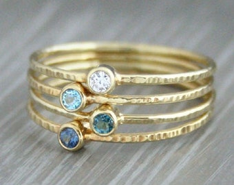 FOUR delicate rings, dainty ring, hammered stacking rings, natural Sapphire, London Blue Topaz, Swiss Blue Topaz, Diamond