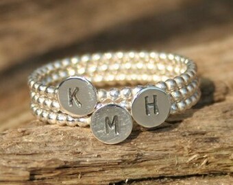 THREE Initial Rings, Sterling silver, Hand stamped, Initials, Personalized ring, gift under 50