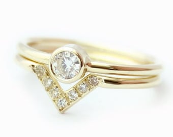 14k Solid Gold Diamond Ring Set, Handmade Engagement Wedding Band